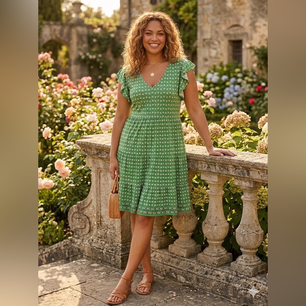 Max Studio Green Floral V-Neck Flutter Sleeve Mini Dress